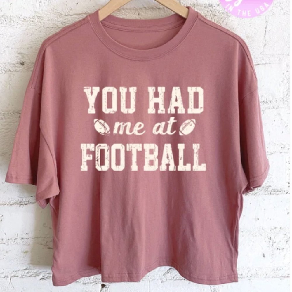 You Had Me At Football Long Crop Top Graphic T-shirt - Vintage Rose